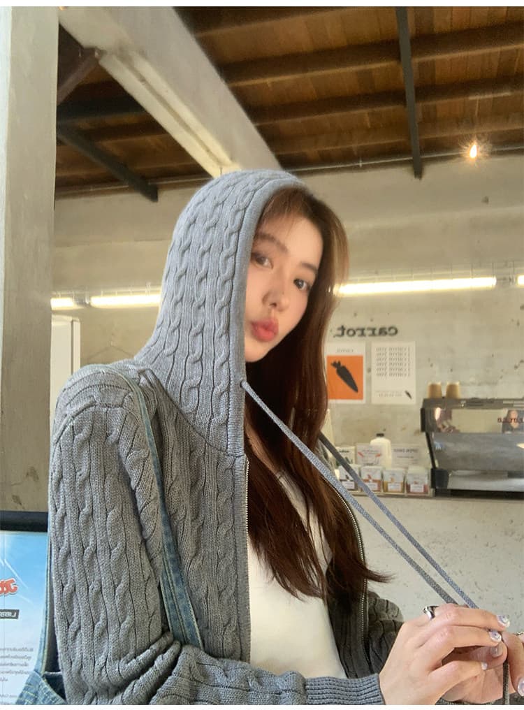 한 부서 후드 꽈배기 니트 오픈 가디건 여성 몸매 가꾸기 품격 느긋한 지퍼 털 외투 셔츠 긴팔 맨위 상세 이미지 13