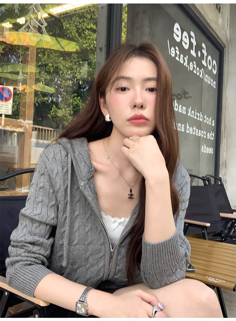 한 부서 후드 꽈배기 니트 오픈 가디건 여성 몸매 가꾸기 품격 느긋한 지퍼 털 외투 셔츠 긴팔 맨위 상세 이미지 14