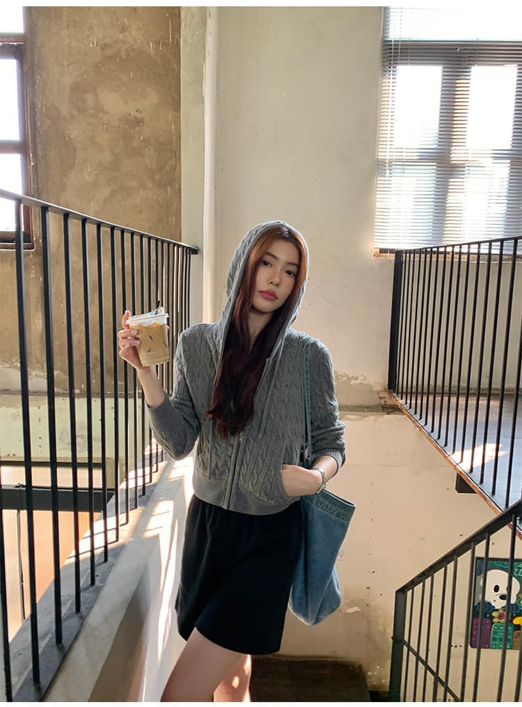 한 부서 후드 꽈배기 니트 오픈 가디건 여성 몸매 가꾸기 품격 느긋한 지퍼 털 외투 셔츠 긴팔 맨위 상세 이미지 15