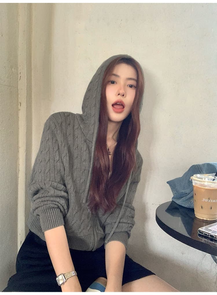 한 부서 후드 꽈배기 니트 오픈 가디건 여성 몸매 가꾸기 품격 느긋한 지퍼 털 외투 셔츠 긴팔 맨위 상세 이미지 19