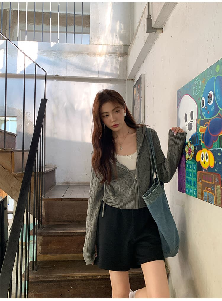 한 부서 후드 꽈배기 니트 오픈 가디건 여성 몸매 가꾸기 품격 느긋한 지퍼 털 외투 셔츠 긴팔 맨위 상세 이미지 22