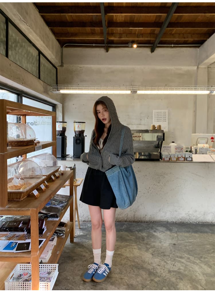 한 부서 후드 꽈배기 니트 오픈 가디건 여성 몸매 가꾸기 품격 느긋한 지퍼 털 외투 셔츠 긴팔 맨위 상세 이미지 23