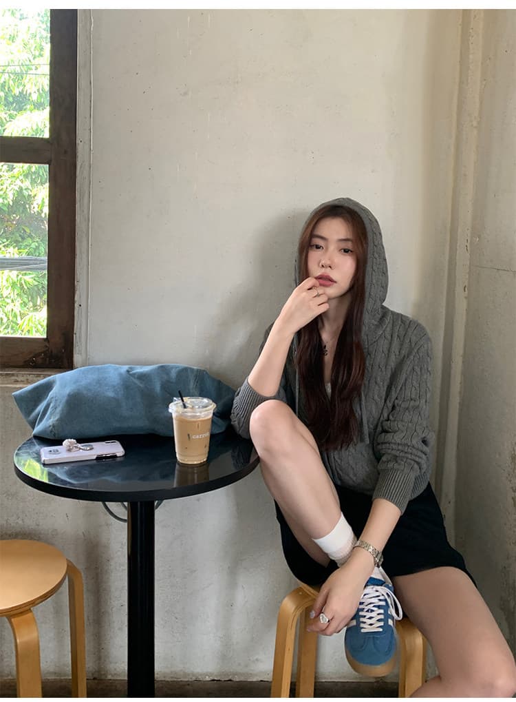 한 부서 후드 꽈배기 니트 오픈 가디건 여성 몸매 가꾸기 품격 느긋한 지퍼 털 외투 셔츠 긴팔 맨위 상세 이미지 24