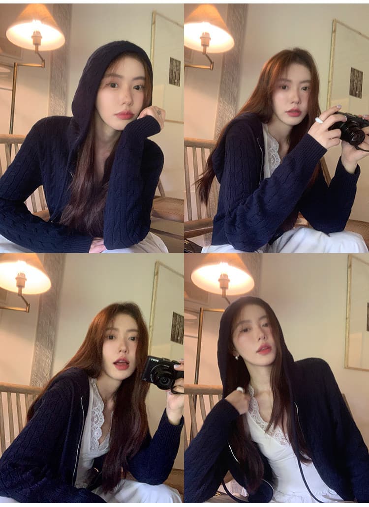 한 부서 후드 꽈배기 니트 오픈 가디건 여성 몸매 가꾸기 품격 느긋한 지퍼 털 외투 셔츠 긴팔 맨위 상세 이미지 32