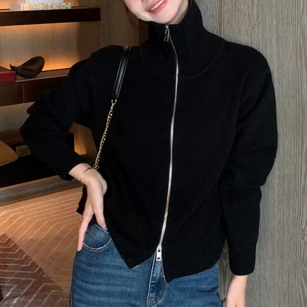 한 부서 니트 오픈 가디건 가을 겨울 빅 칼라 양방향 지퍼 단색 몸매 가꾸기 슬림해 보이는 느긋한 출퇴근 긴 소매 셔츠 이미지 4