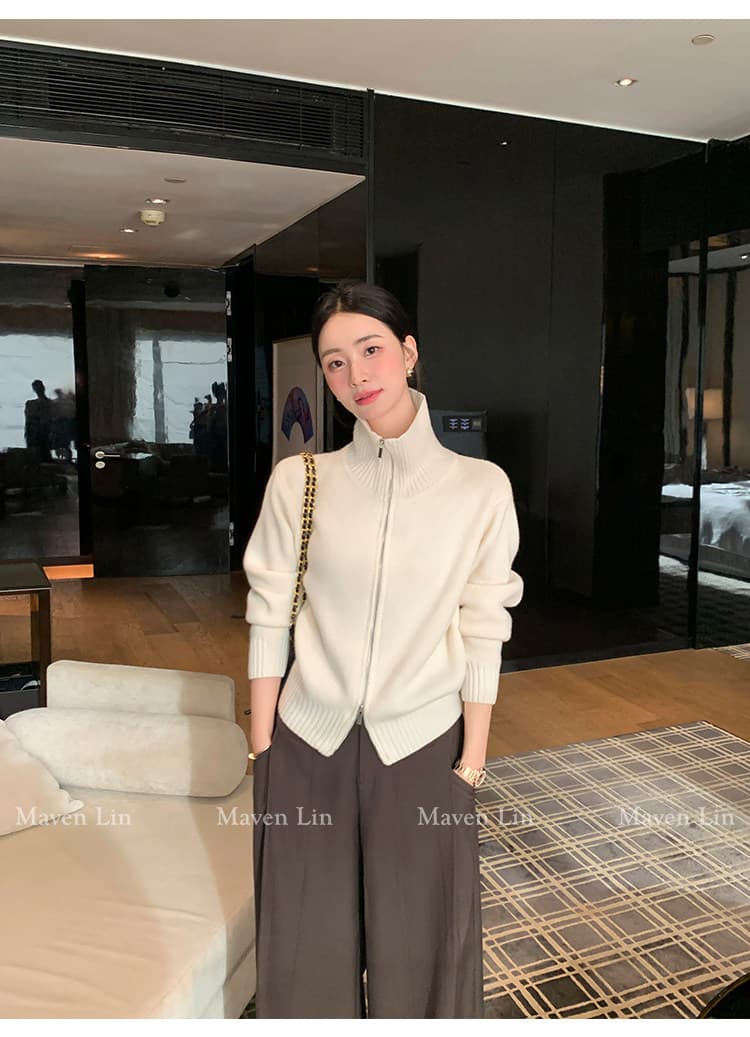 한 부서 니트 오픈 가디건 가을 겨울 빅 칼라 양방향 지퍼 단색 몸매 가꾸기 슬림해 보이는 느긋한 출퇴근 긴 소매 셔츠 상세 이미지 8