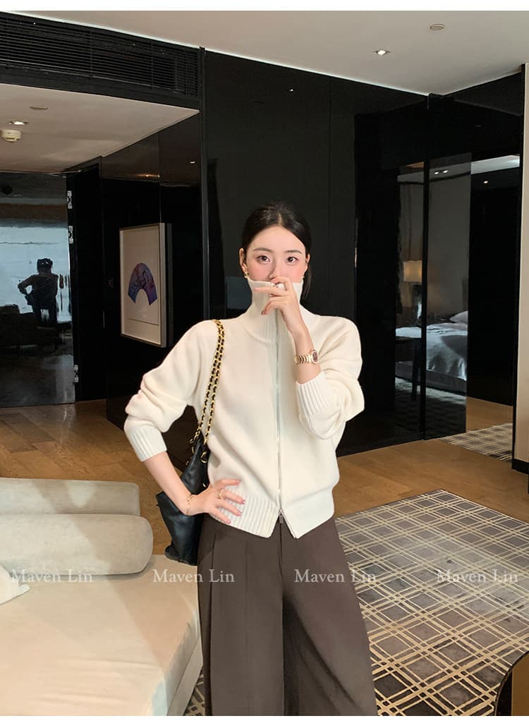 한 부서 니트 오픈 가디건 가을 겨울 빅 칼라 양방향 지퍼 단색 몸매 가꾸기 슬림해 보이는 느긋한 출퇴근 긴 소매 셔츠 상세 이미지 18