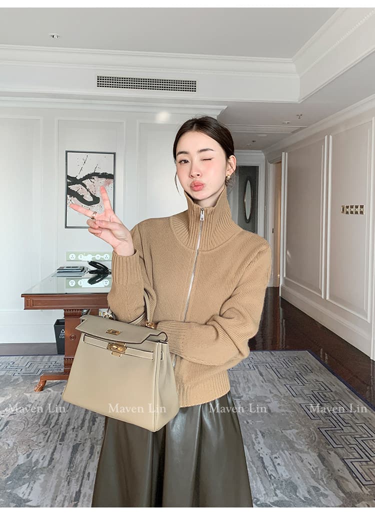 한 부서 니트 오픈 가디건 가을 겨울 빅 칼라 양방향 지퍼 단색 몸매 가꾸기 슬림해 보이는 느긋한 출퇴근 긴 소매 셔츠 상세 이미지 29