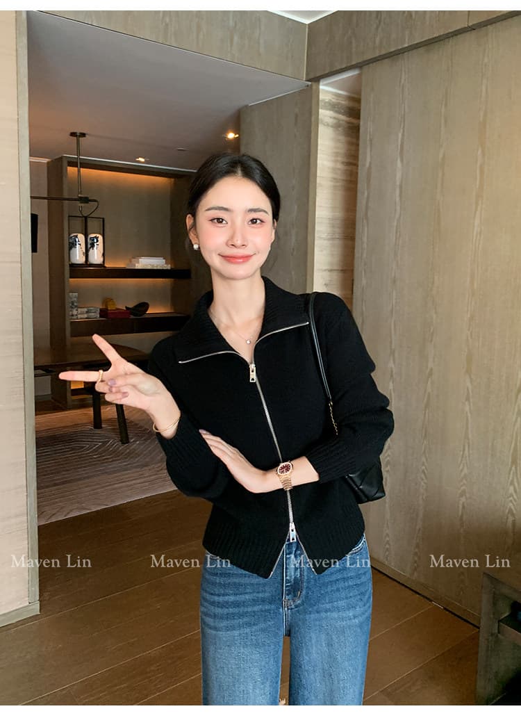 한 부서 니트 오픈 가디건 가을 겨울 빅 칼라 양방향 지퍼 단색 몸매 가꾸기 슬림해 보이는 느긋한 출퇴근 긴 소매 셔츠 상세 이미지 39