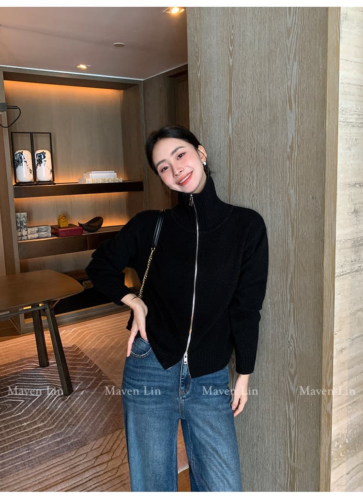 한 부서 니트 오픈 가디건 가을 겨울 빅 칼라 양방향 지퍼 단색 몸매 가꾸기 슬림해 보이는 느긋한 출퇴근 긴 소매 셔츠 상세 이미지 43