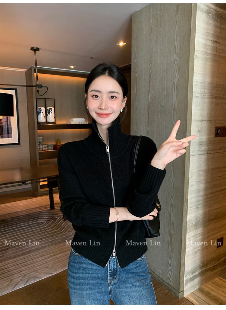 한 부서 니트 오픈 가디건 가을 겨울 빅 칼라 양방향 지퍼 단색 몸매 가꾸기 슬림해 보이는 느긋한 출퇴근 긴 소매 셔츠 상세 이미지 44