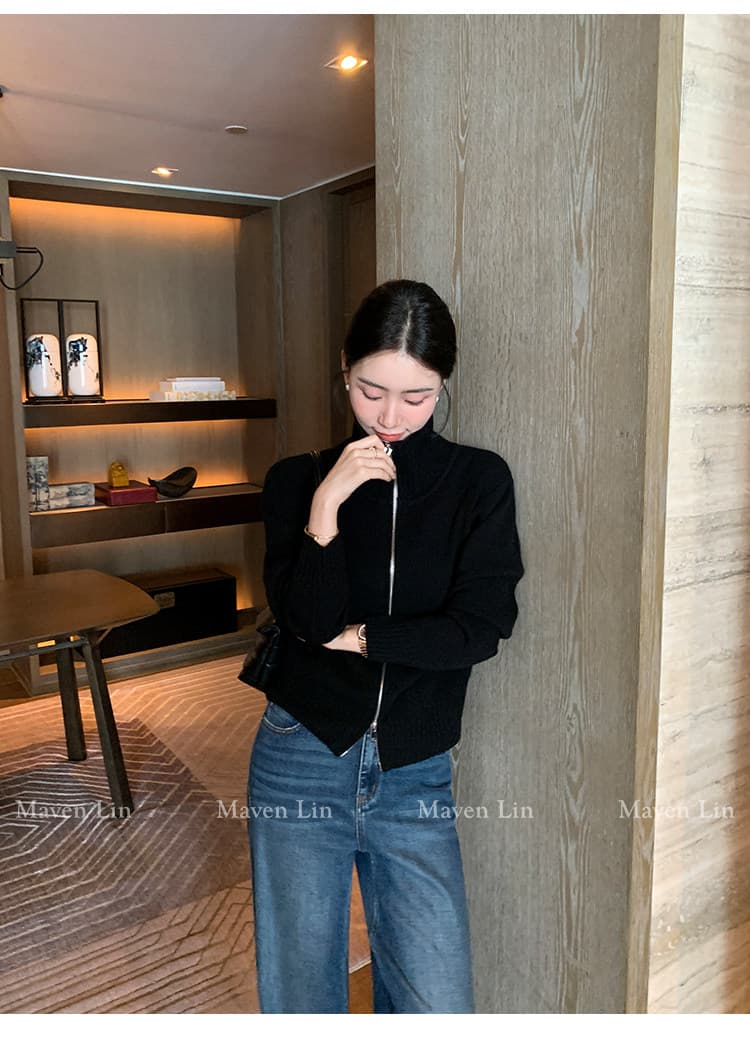 한 부서 니트 오픈 가디건 가을 겨울 빅 칼라 양방향 지퍼 단색 몸매 가꾸기 슬림해 보이는 느긋한 출퇴근 긴 소매 셔츠 상세 이미지 48