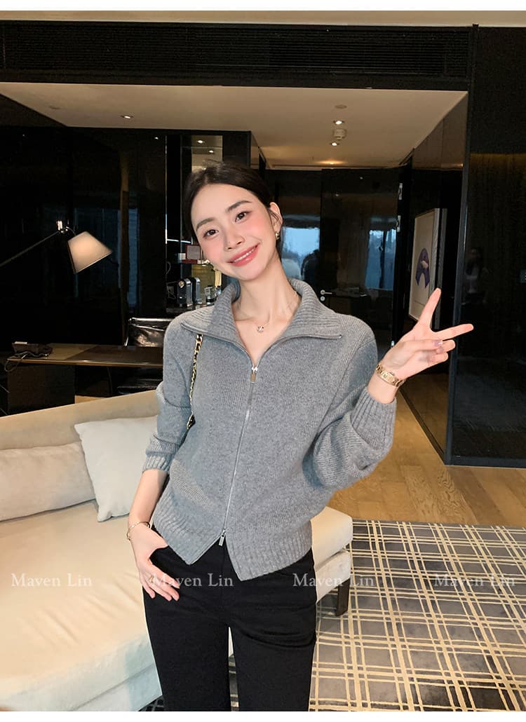 한 부서 니트 오픈 가디건 가을 겨울 빅 칼라 양방향 지퍼 단색 몸매 가꾸기 슬림해 보이는 느긋한 출퇴근 긴 소매 셔츠 상세 이미지 52