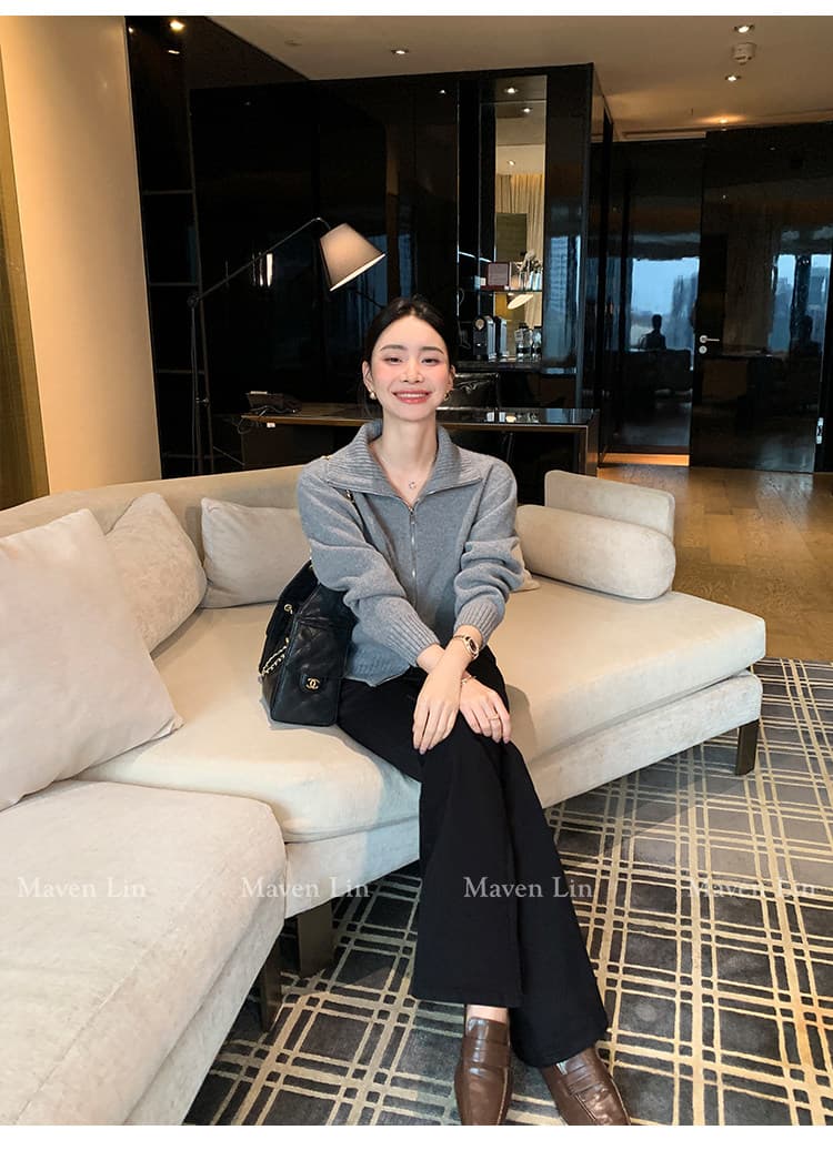 한 부서 니트 오픈 가디건 가을 겨울 빅 칼라 양방향 지퍼 단색 몸매 가꾸기 슬림해 보이는 느긋한 출퇴근 긴 소매 셔츠 상세 이미지 53