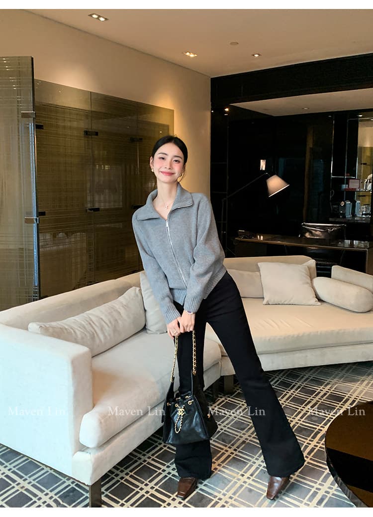한 부서 니트 오픈 가디건 가을 겨울 빅 칼라 양방향 지퍼 단색 몸매 가꾸기 슬림해 보이는 느긋한 출퇴근 긴 소매 셔츠 상세 이미지 56