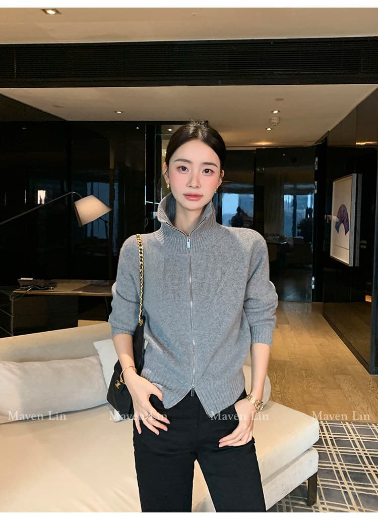 한 부서 니트 오픈 가디건 가을 겨울 빅 칼라 양방향 지퍼 단색 몸매 가꾸기 슬림해 보이는 느긋한 출퇴근 긴 소매 셔츠 상세 이미지 63