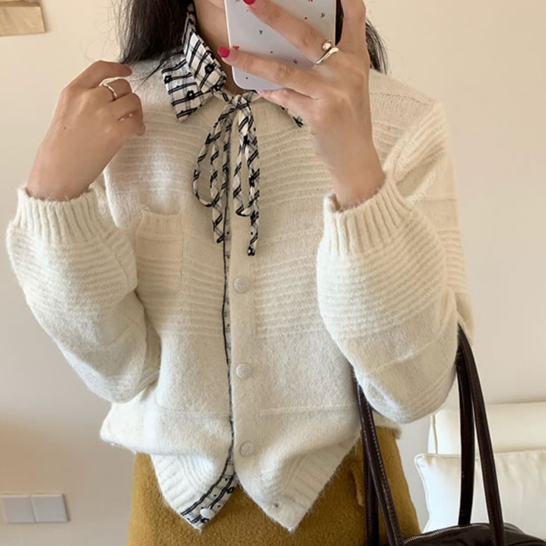 한 부서 연령 감소 탈착식 체크무늬 폴로 칼라 스웨터 오픈 가디건 여성 부드러운 찹쌀 고급 센스 니트 재킷 맨위