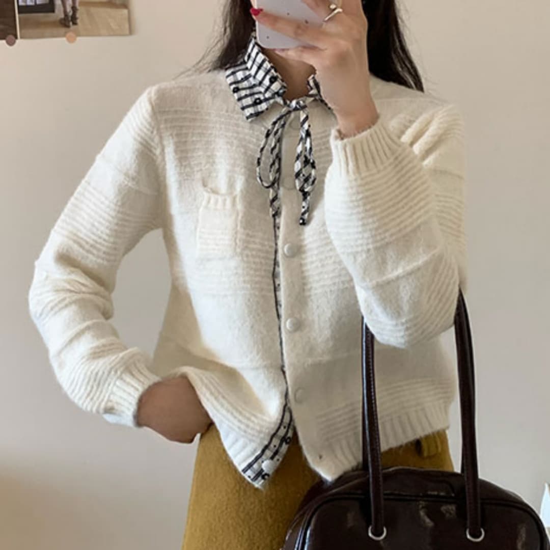 한 부서 연령 감소 탈착식 체크무늬 폴로 칼라 스웨터 오픈 가디건 여성 부드러운 찹쌀 고급 센스 니트 재킷 맨위 이미지 4