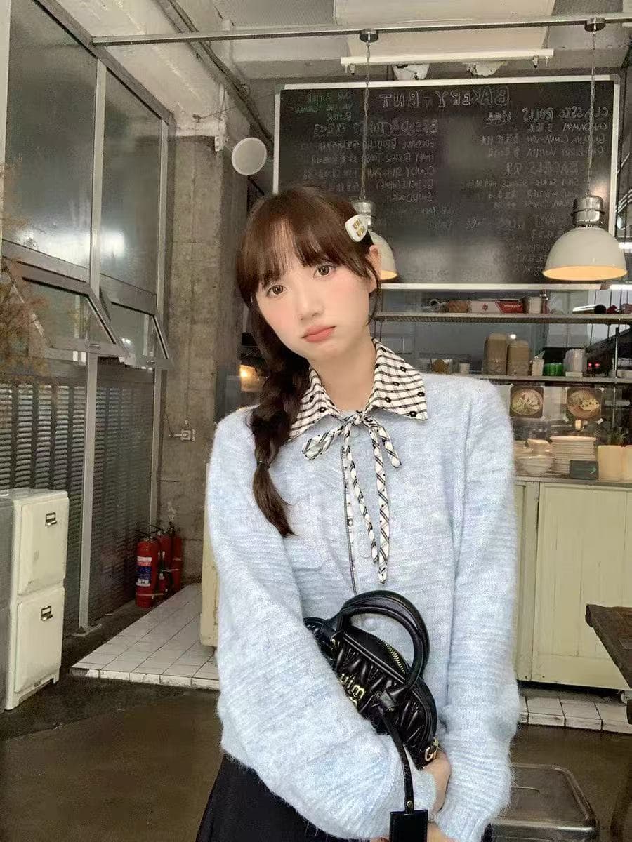 한 부서 연령 감소 탈착식 체크무늬 폴로 칼라 스웨터 오픈 가디건 여성 부드러운 찹쌀 고급 센스 니트 재킷 맨위 상세 이미지 2