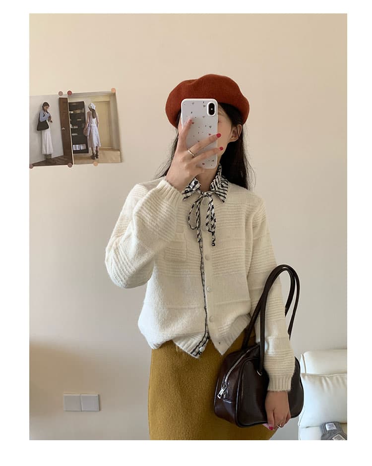 한 부서 연령 감소 탈착식 체크무늬 폴로 칼라 스웨터 오픈 가디건 여성 부드러운 찹쌀 고급 센스 니트 재킷 맨위 상세 이미지 13