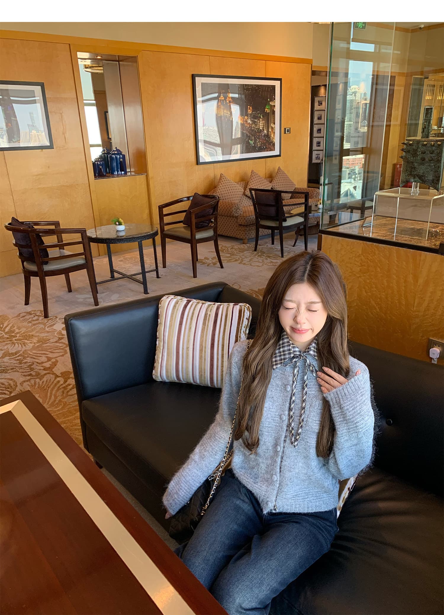 한 부서 연령 감소 탈착식 체크무늬 폴로 칼라 스웨터 오픈 가디건 여성 부드러운 찹쌀 고급 센스 니트 재킷 맨위 상세 이미지 20