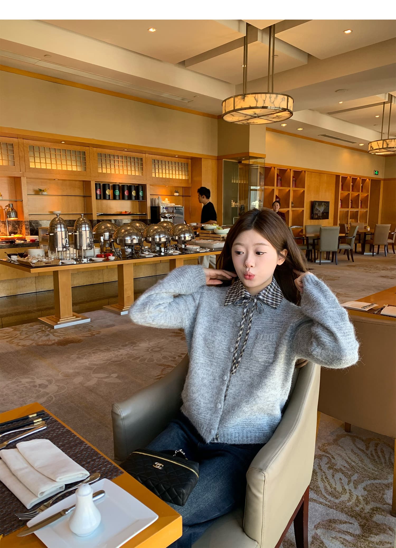 한 부서 연령 감소 탈착식 체크무늬 폴로 칼라 스웨터 오픈 가디건 여성 부드러운 찹쌀 고급 센스 니트 재킷 맨위 상세 이미지 21