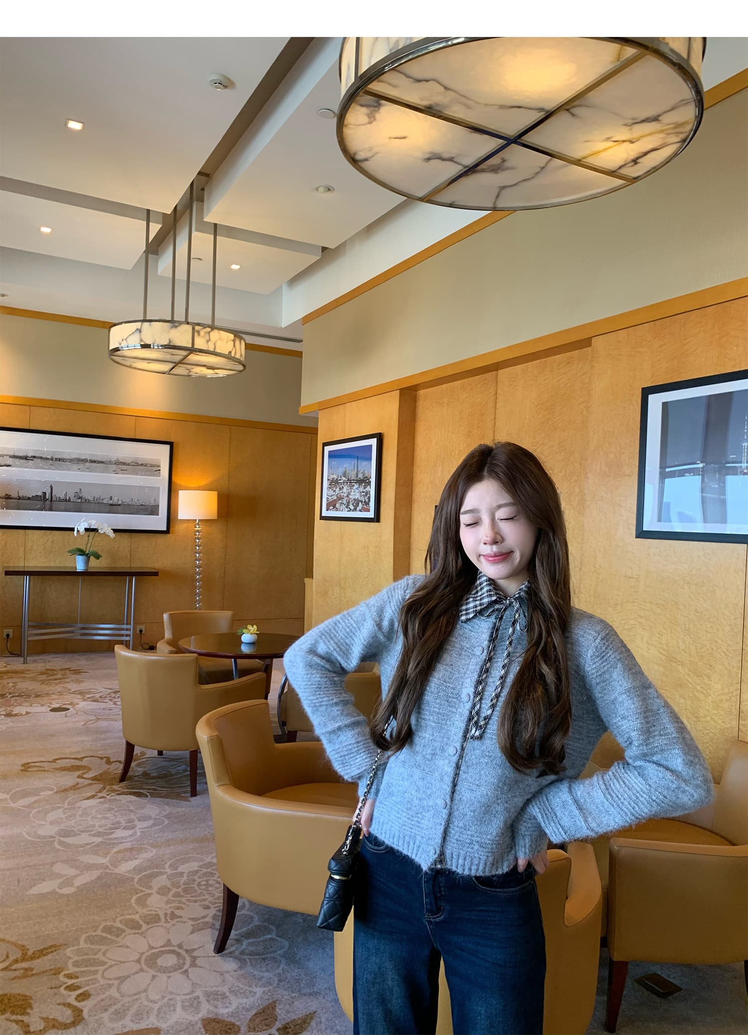 한 부서 연령 감소 탈착식 체크무늬 폴로 칼라 스웨터 오픈 가디건 여성 부드러운 찹쌀 고급 센스 니트 재킷 맨위 상세 이미지 23