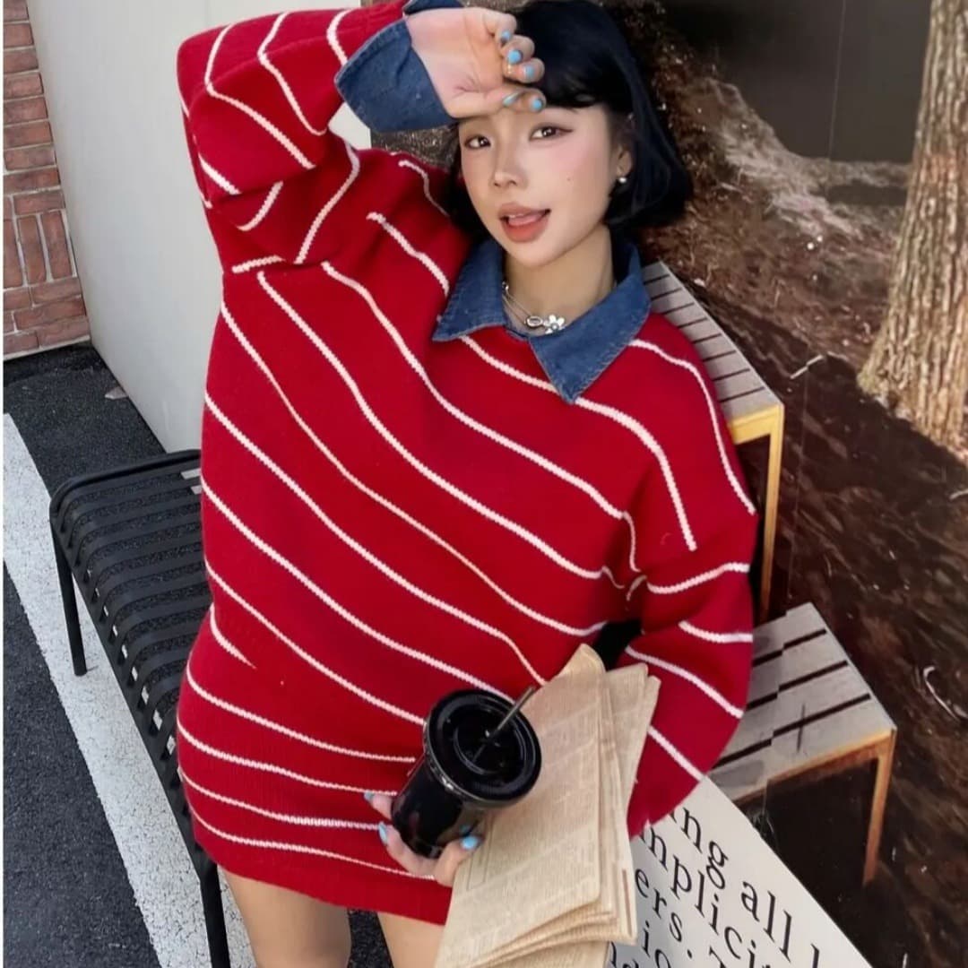 한 부서 학원 스타일 스웨터 세트 여성 가을 겨울 착용 가져 가라. 전체 집합 스트라이프 POLO 칼라 니트 스웨터 미니 스커트 투피스 세트 이미지 5