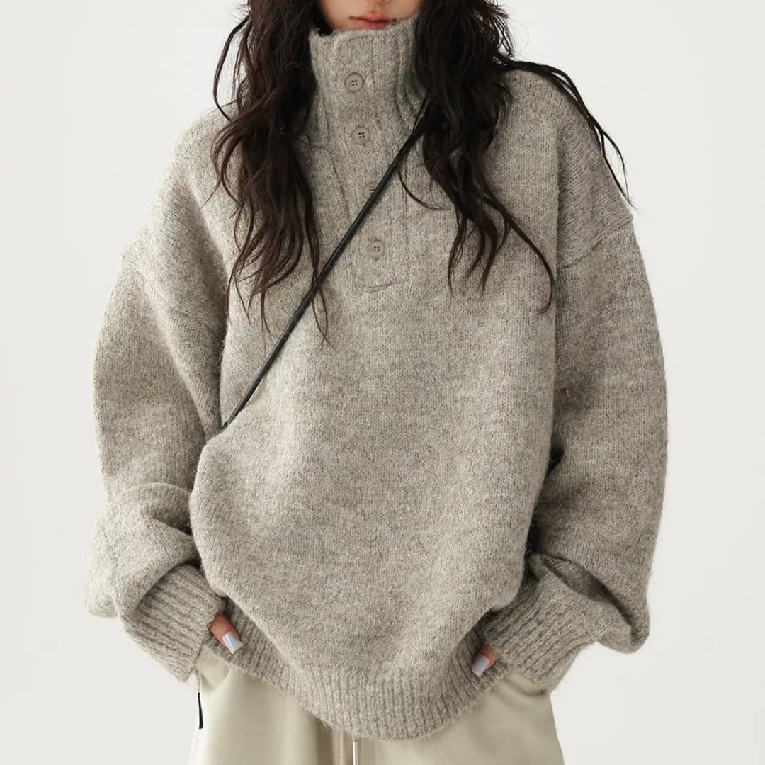 한 부서 단색 단추 반 개방 칼라 터틀넥 풀오버 스웨터 여자 가을 루즈핏 느긋한 바람 두꺼운 보온 스탠드 칼라 맨위 이미지 3