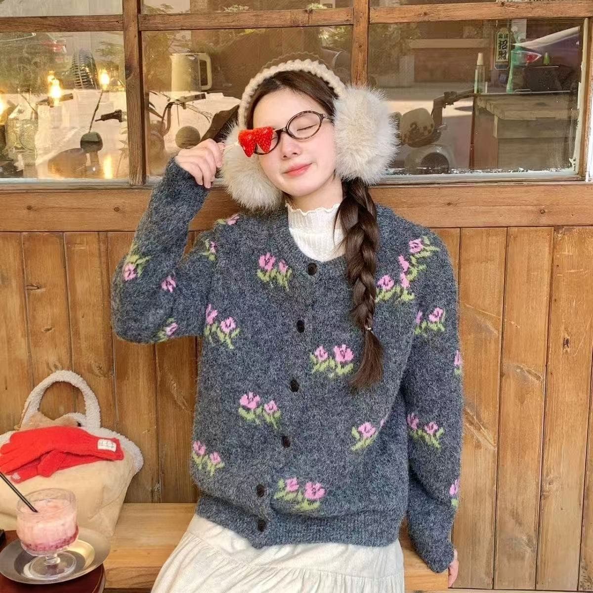 한 부서 느긋한 장미 자카드 녹색 스웨터 여성 코트 루즈핏 가을 겨울철 플러스 두껍고 부드러운 찹쌀 품격 니트 오픈 가디건 이미지 5