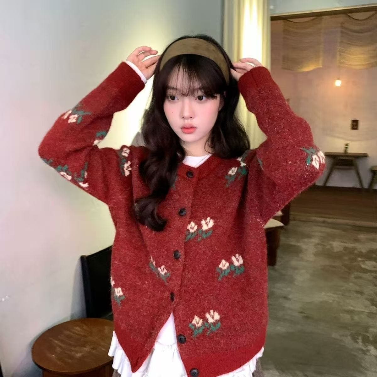 한 부서 느긋한 장미 자카드 녹색 스웨터 여성 코트 루즈핏 가을 겨울철 플러스 두껍고 부드러운 찹쌀 품격 니트 오픈 가디건 상세 이미지 3