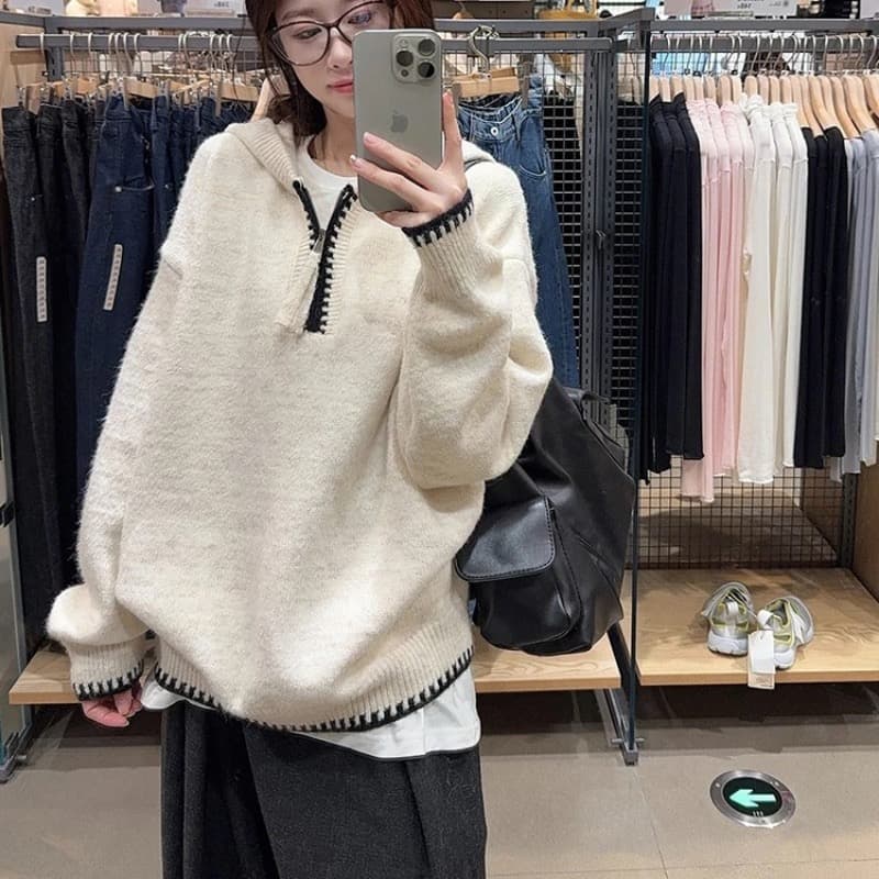 한 부서 자이언트 잘 생긴 하프 지퍼 후드 니트 후드티 여성 가을 겨울 느긋한 와이드 부드러운 찹쌀 풀오버 맨위 두꺼움 이미지 2