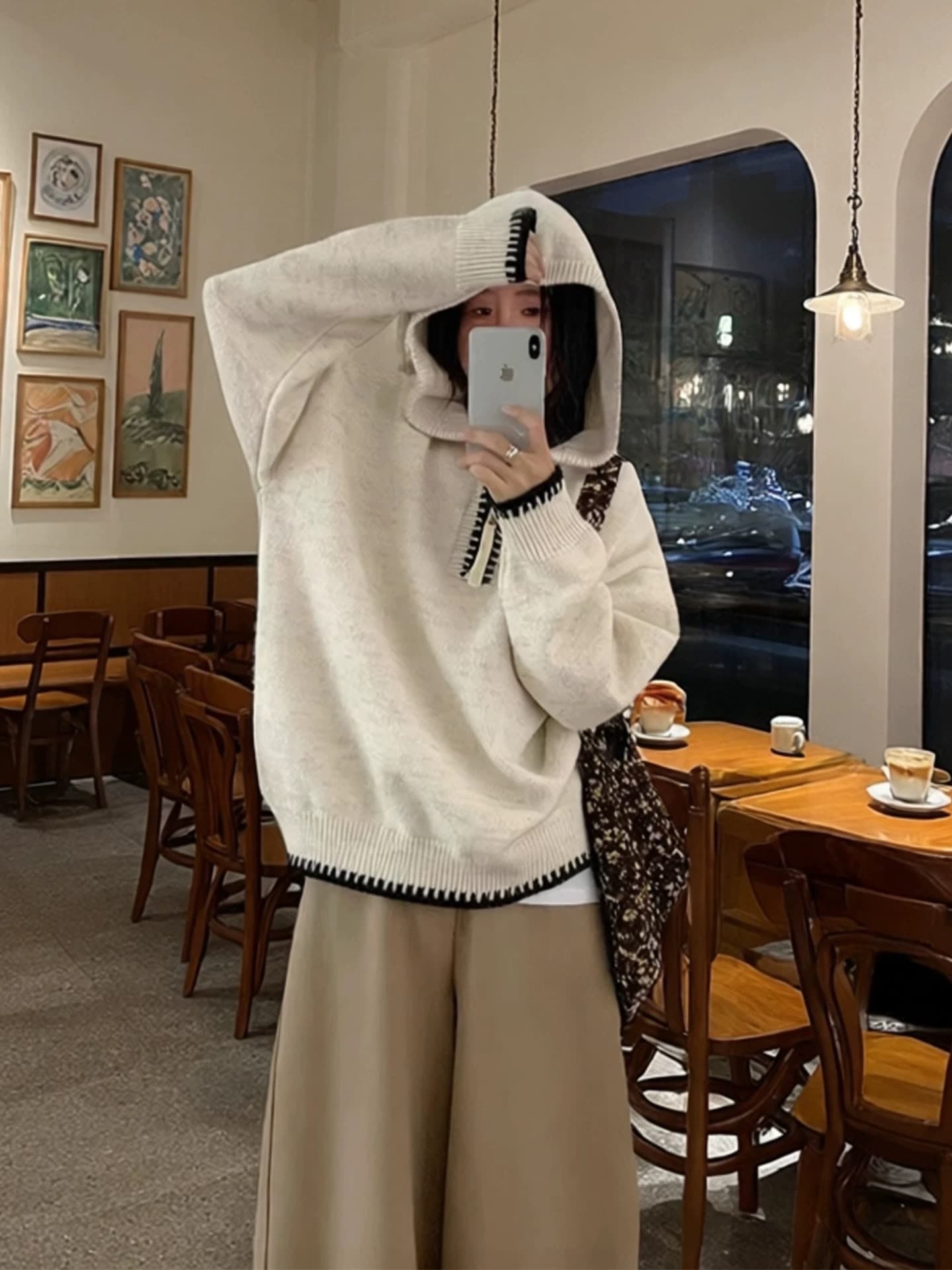 한 부서 자이언트 잘 생긴 하프 지퍼 후드 니트 후드티 여성 가을 겨울 느긋한 와이드 부드러운 찹쌀 풀오버 맨위 두꺼움 상세 이미지 3