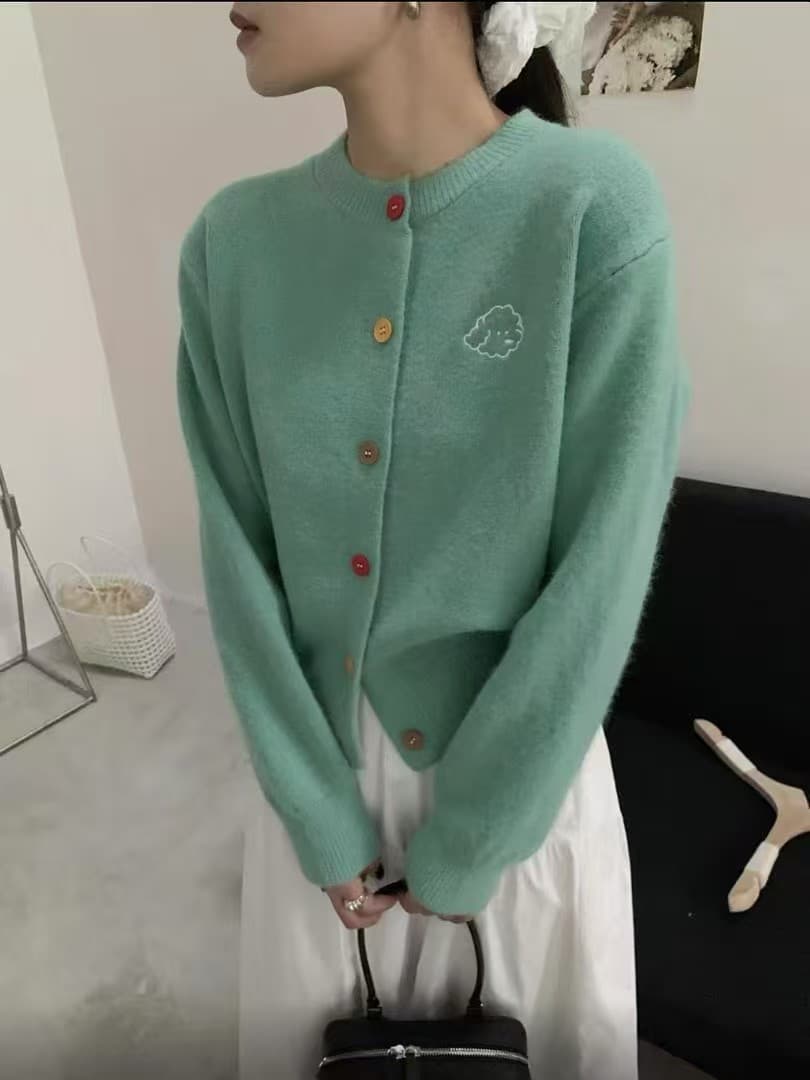 한 부서 색상 버클 강아지 자수 살구 색상 니트 오픈 가디건 여성 가을 느긋한 디자인 센스 스웨터 코트 맨위 이미지 2