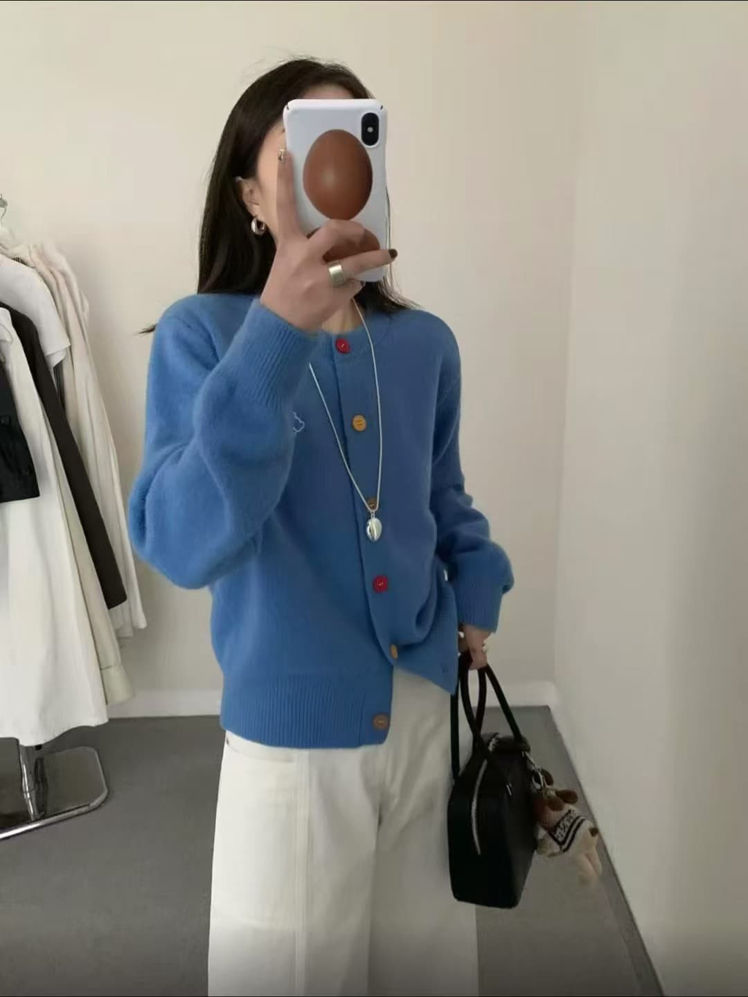 한 부서 색상 버클 강아지 자수 살구 색상 니트 오픈 가디건 여성 가을 느긋한 디자인 센스 스웨터 코트 맨위 이미지 3