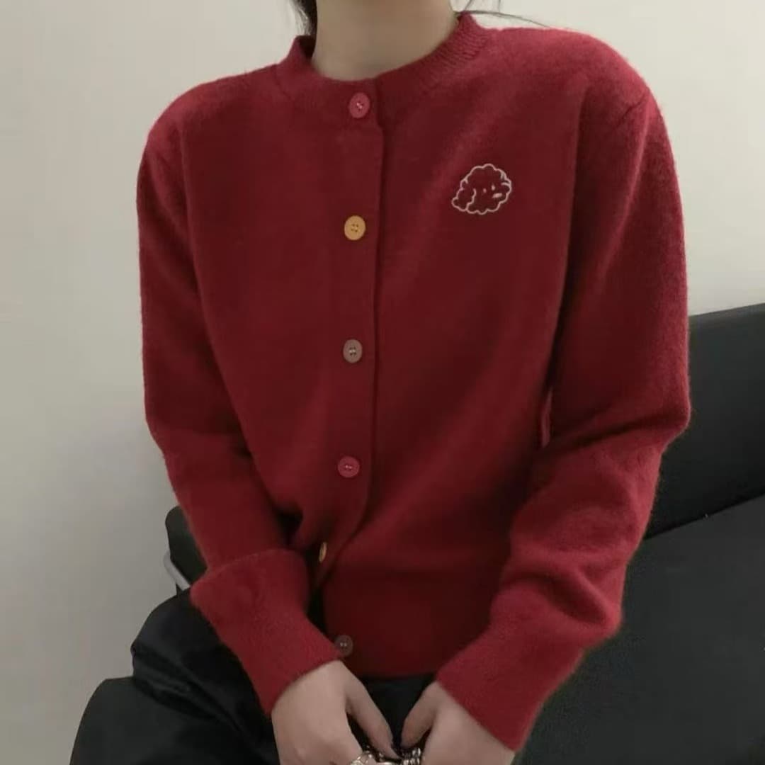 한 부서 색상 버클 강아지 자수 살구 색상 니트 오픈 가디건 여성 가을 느긋한 디자인 센스 스웨터 코트 맨위 이미지 5