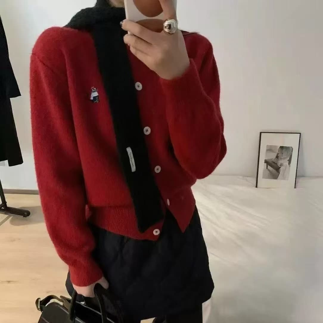 한 부서 새끼 고양이 자수 스웨터 오픈 가디건 싱글 줄 버튼 라운드 넥 맨위 새로운 작은 키 재킷 다용도 니트 스웨터 이미지 4