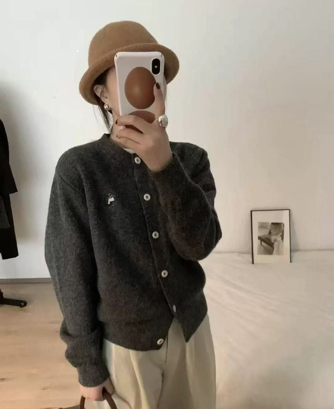 한 부서 새끼 고양이 자수 스웨터 오픈 가디건 싱글 줄 버튼 라운드 넥 맨위 새로운 작은 키 재킷 다용도 니트 스웨터 상세 이미지 4