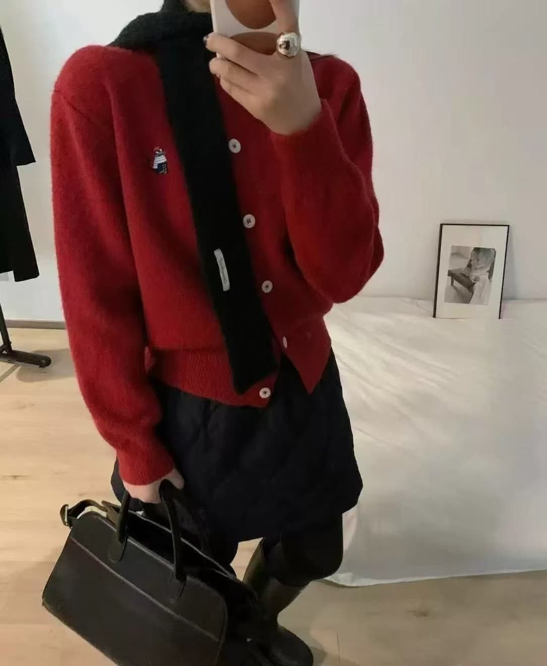 한 부서 새끼 고양이 자수 스웨터 오픈 가디건 싱글 줄 버튼 라운드 넥 맨위 새로운 작은 키 재킷 다용도 니트 스웨터 상세 이미지 5