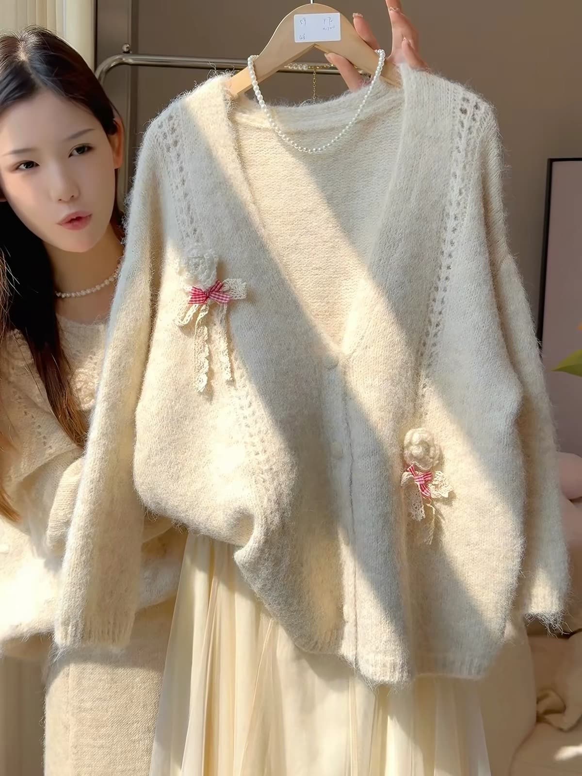 프랑스식 부드러운 달콤함 다용도 레트로 나비 매듭 스웨터 여자 루즈핏 슬림해 보이는 느긋한 바람 부드러운 찹쌀 니트 오픈 가디건