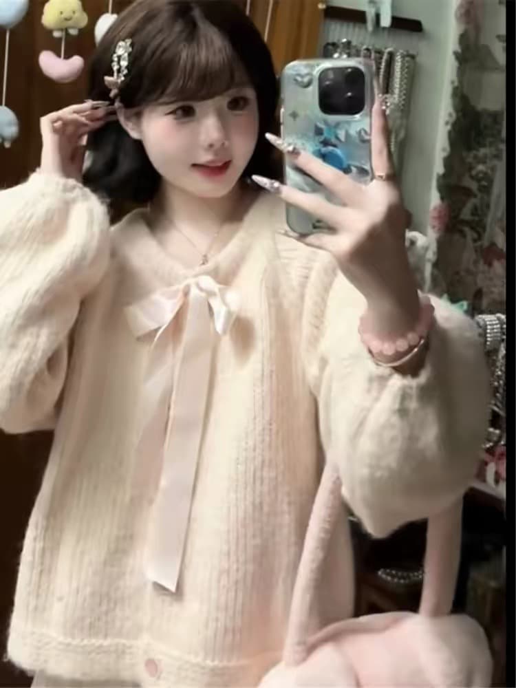 달콤함 소녀 바람 나비 넥타이 스웨터 여자 2026 가을 겨울 새로운 루즈핏 다용도 연령 감소 긴팔 재킷 트렌디 상세 이미지 2