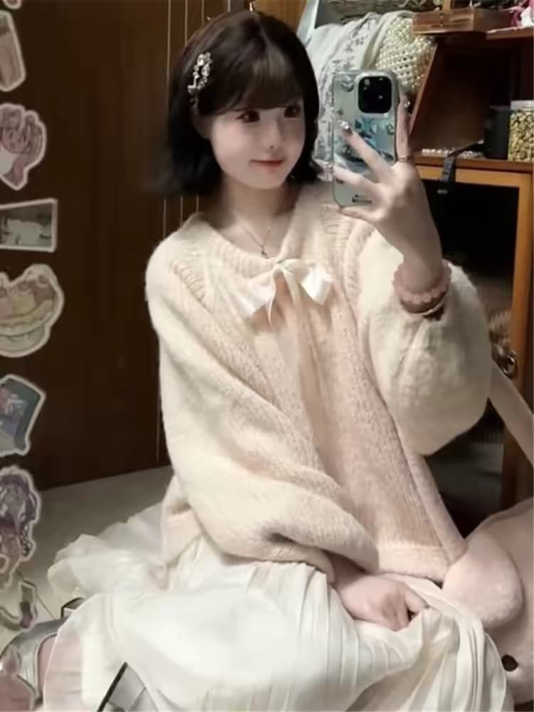 달콤함 소녀 바람 나비 넥타이 스웨터 여자 2026 가을 겨울 새로운 루즈핏 다용도 연령 감소 긴팔 재킷 트렌디 상세 이미지 4