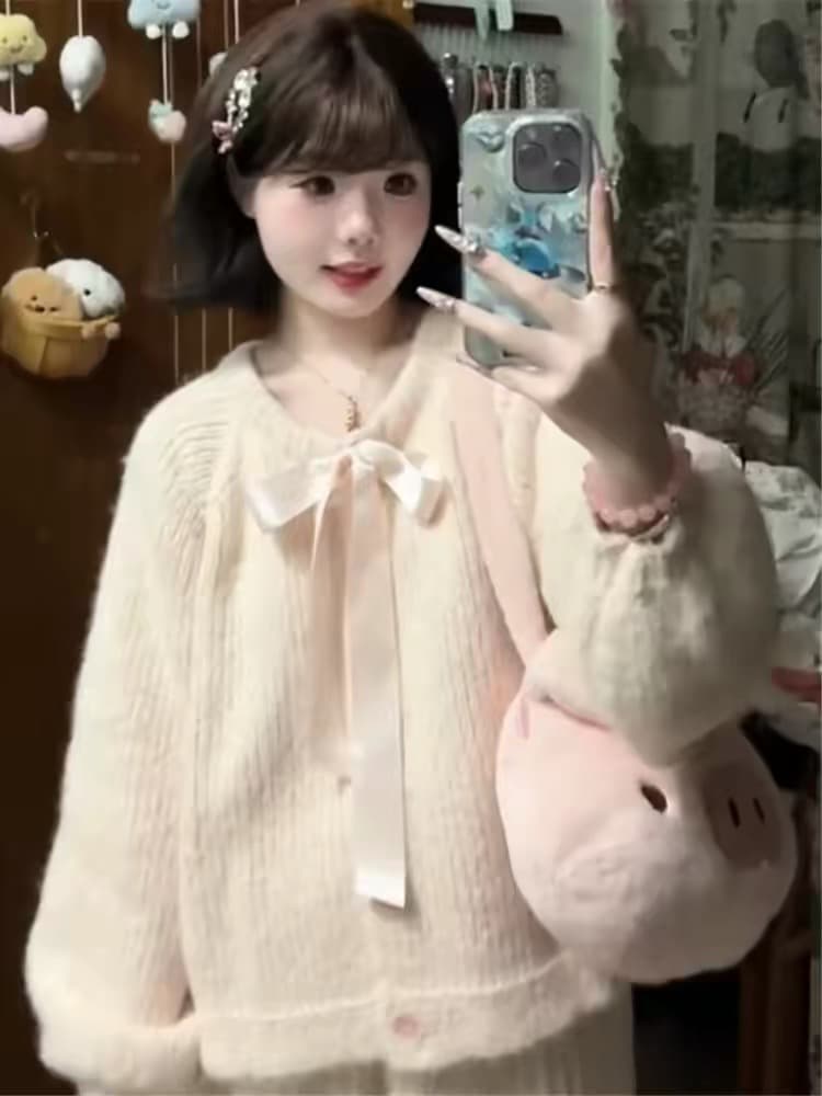달콤함 소녀 바람 나비 넥타이 스웨터 여자 2026 가을 겨울 새로운 루즈핏 다용도 연령 감소 긴팔 재킷 트렌디 상세 이미지 5