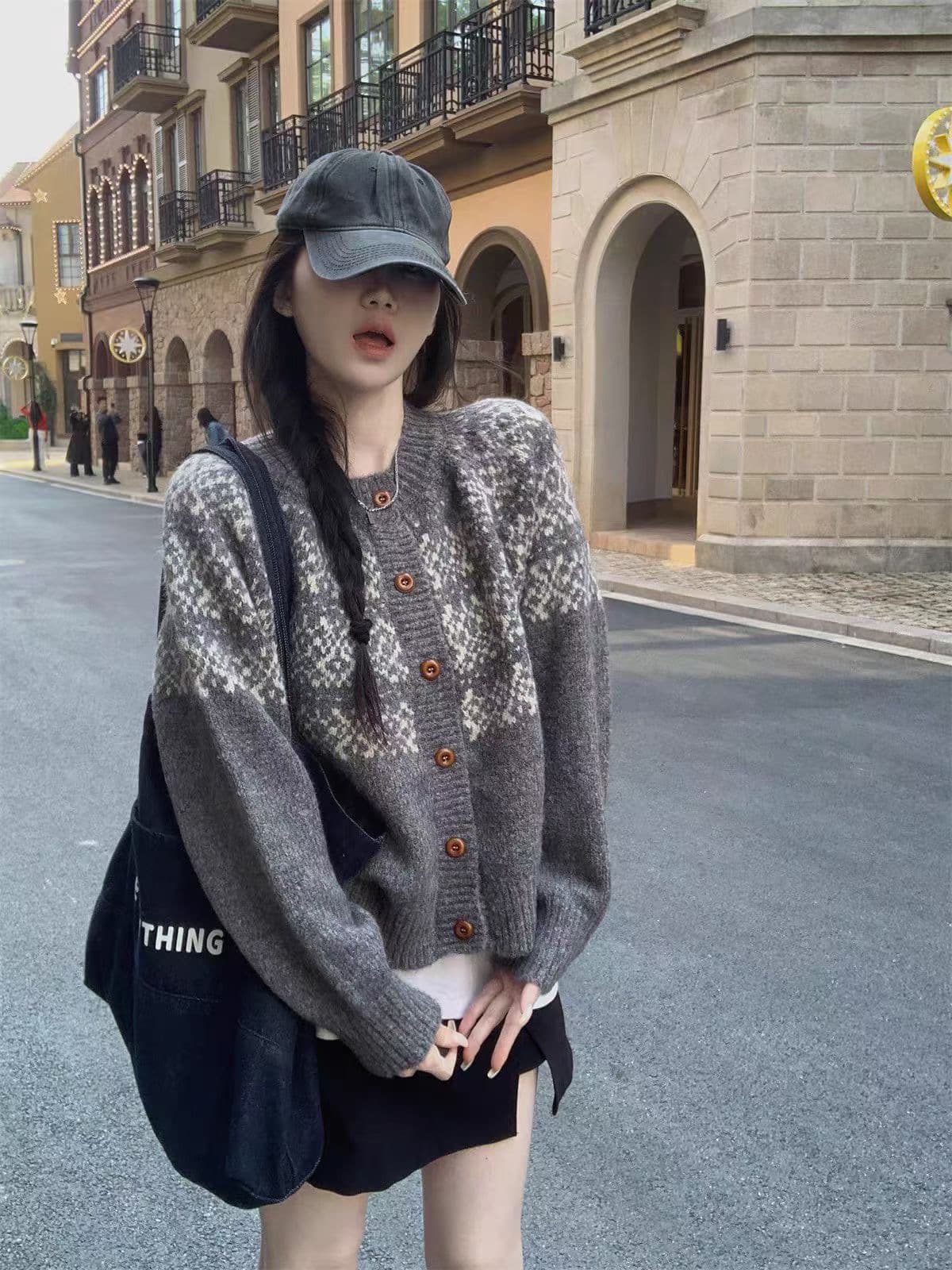 한 부서 판 수수료 레트로 자카드 라운드 넥 오픈 가디건 가을 겨울 찹쌀 프로 피부 루즈핏 니트 느긋한 스웨터 코트 맨위 여성 이미지 3