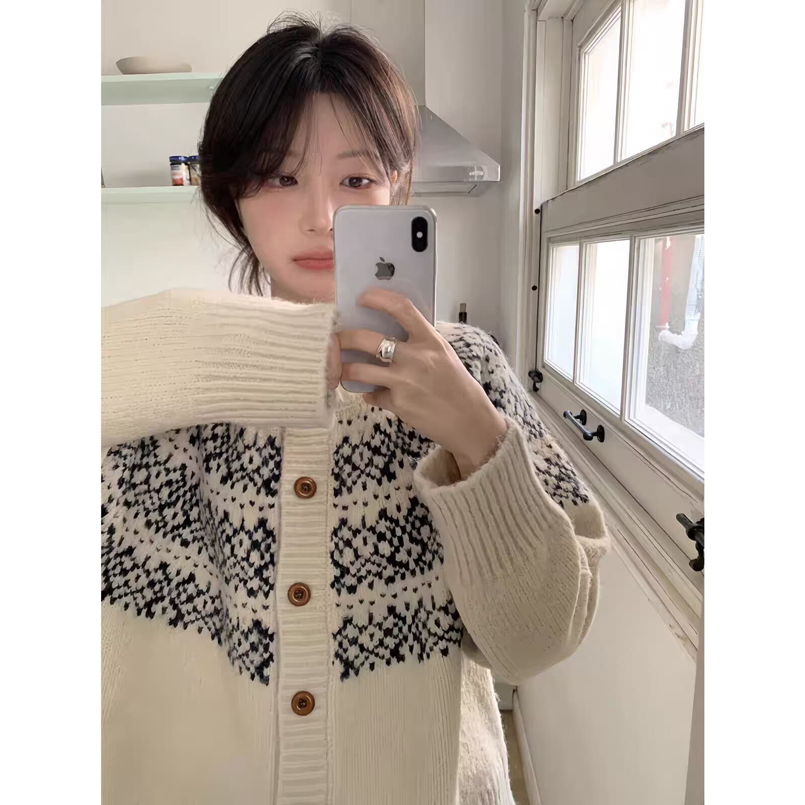 한 부서 판 수수료 레트로 자카드 라운드 넥 오픈 가디건 가을 겨울 찹쌀 프로 피부 루즈핏 니트 느긋한 스웨터 코트 맨위 여성 이미지 5