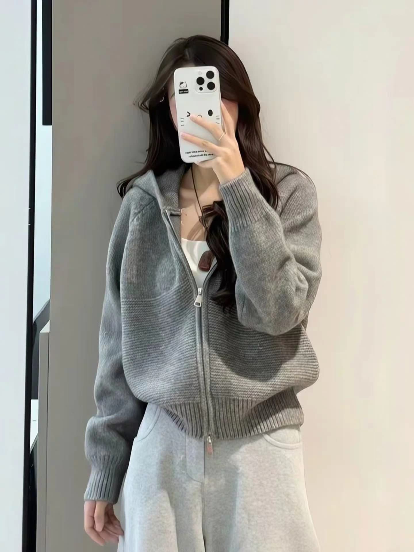 한 부서 느긋한 바람 물결무늬 곡물 더블 지퍼 후드 스웨터 코트 여성 의류 가을 겨울철 새로운 캐주얼 다용도 맨위 이미지 4