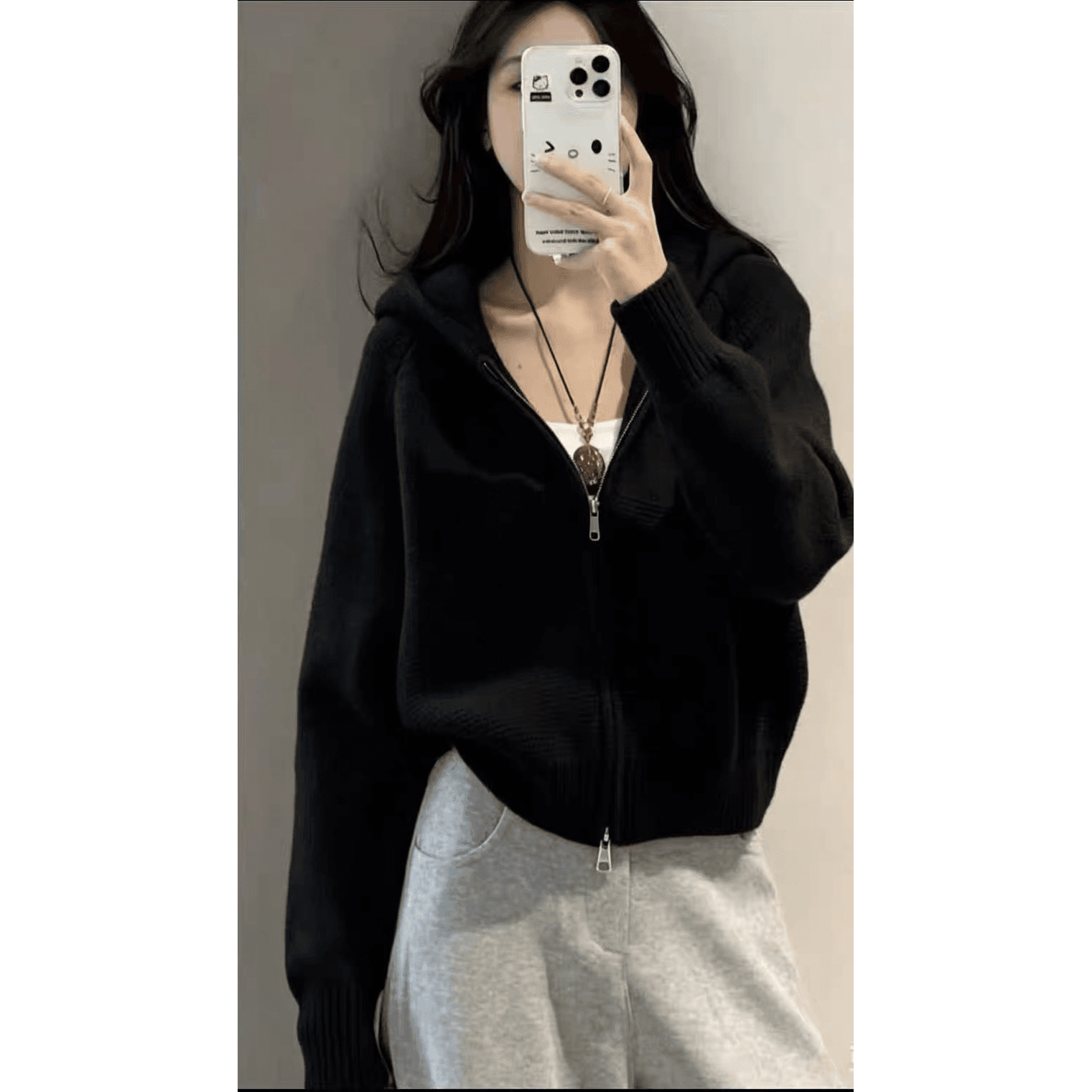 한 부서 느긋한 바람 물결무늬 곡물 더블 지퍼 후드 스웨터 코트 여성 의류 가을 겨울철 새로운 캐주얼 다용도 맨위 이미지 5