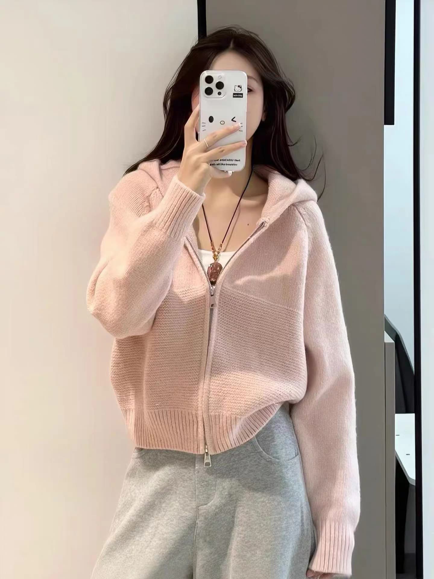한 부서 느긋한 바람 물결무늬 곡물 더블 지퍼 후드 스웨터 코트 여성 의류 가을 겨울철 새로운 캐주얼 다용도 맨위 상세 이미지 2