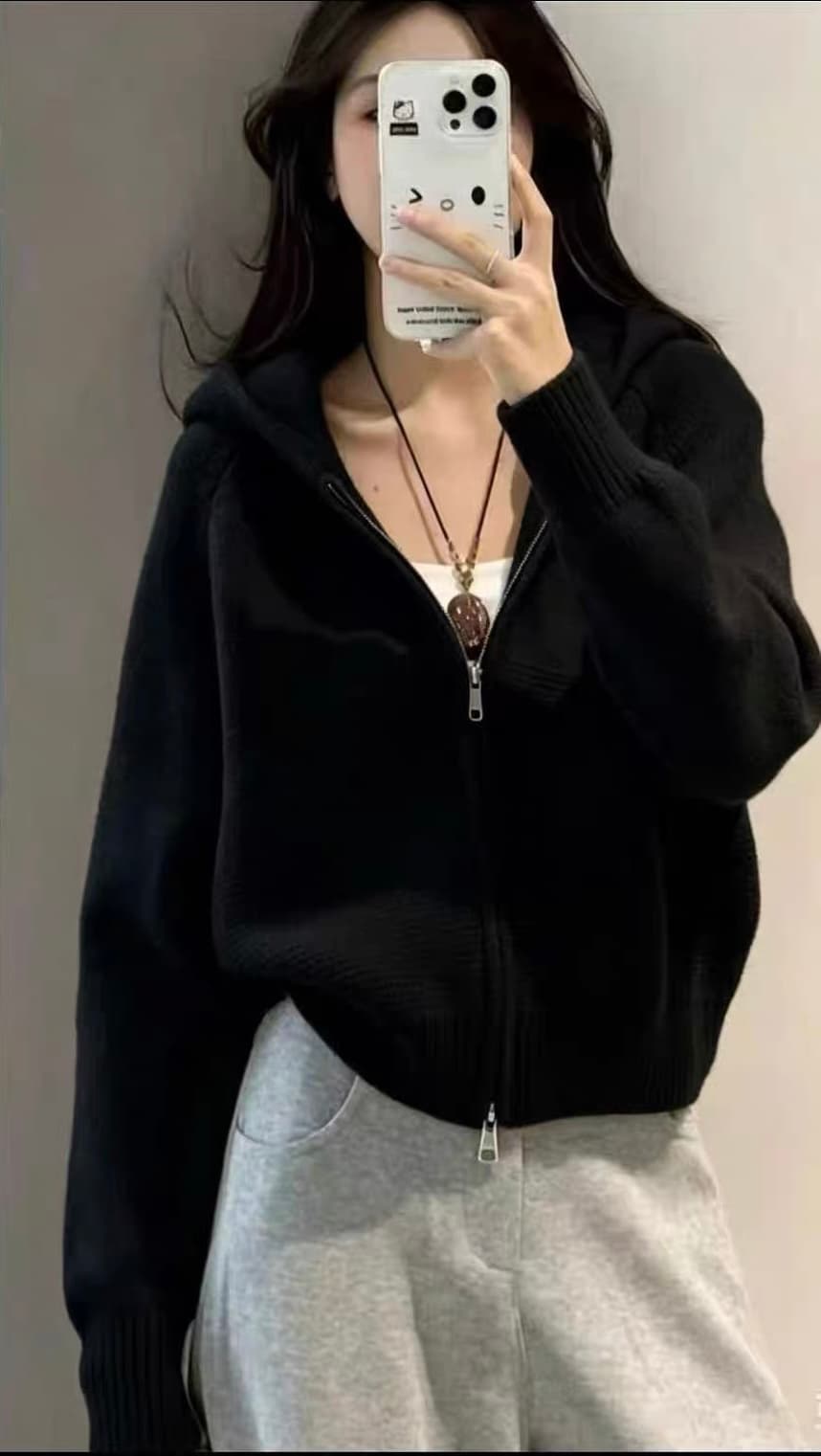 한 부서 느긋한 바람 물결무늬 곡물 더블 지퍼 후드 스웨터 코트 여성 의류 가을 겨울철 새로운 캐주얼 다용도 맨위 상세 이미지 5