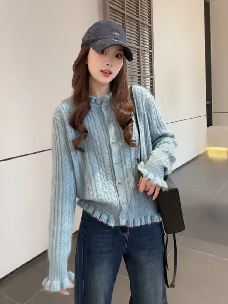 한국 스타일 가을 겨울철 새로운 레이스 꽈배기 라운드 넥 스웨터 여자 부드러운 찹쌀 작은 대중 슬림해 보이는 다용도 외출용 니트 오픈 가디건 이미지 3